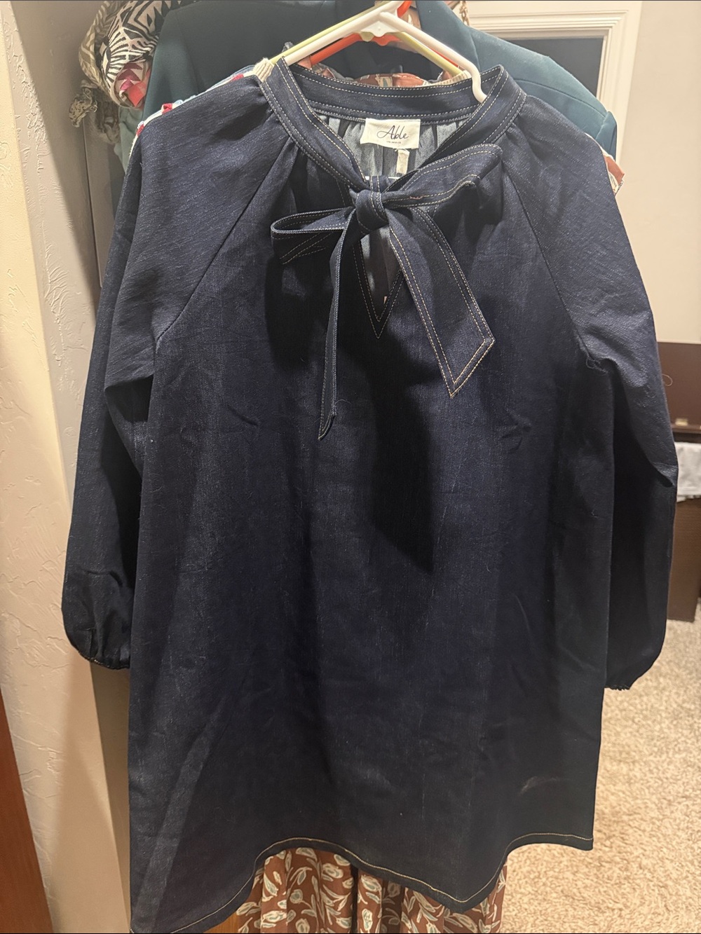Able Dark Navy Tie-Neck Denim Blouse